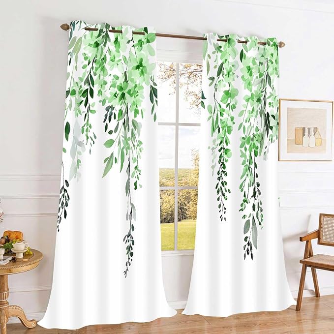 Green Watercolor Floral Curtains, Botanical Leaves Vine Flowers Curtain, Rustic Farmhouse Flower Leaf Blackout Window Treatment Drapes for Bedroom Living Room 42x96 inch, 2 Panels