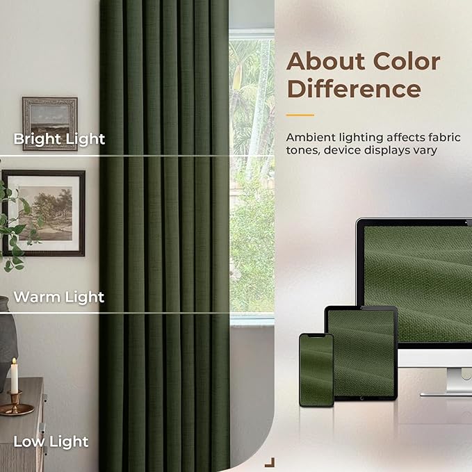 INOVADAY 100% Blackout Curtains for Bedroom, Black Out Curtains 80 Inch Long, Clip Rings Linen Blackout Drapes, Thermal Insulated Room Darkening for Living Room, 2 Panels - Olive Green,W50xL80