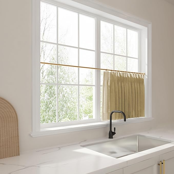 TWOPAGES 26" W x 18" L Linen Blend Cafe Curtains for Kitchen Window, Light Filtering Pinch Pleated Tier Curtains, Modern Farmhouse Half Window Curtains for Small Window, Khaki Yellow, 2 Panels