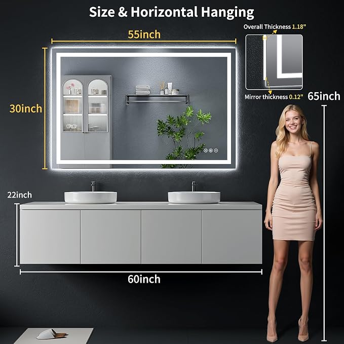 55"x36" LED Bathroom Mirror with Lights, Backlit + Front Lit with CRI>90, Lighted Mirror for Bathroom, Anti-Fog, Dimmable Brightness, 3 Colors, Memory Function, Shatterproof Tempered Glass