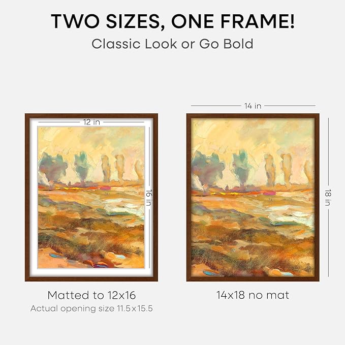 Homeforia 14x18 Picture Frame Brown, High End Dark Oak 14x18 Poster Wood Frame with Mat 12x16 for Photo, 14 x 18 Wooden Walnut Frame Matted to 12 x 16, 18x14 Frames, Tempered Glass, Wall Kit, Set of 2