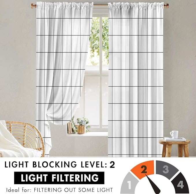 Black and White Curtains,Plaid Curtains 84 Inches Long for Living Room Bedroom,Farmhouse Rustic Gingham Checkered Rod Pocket Light Filtering Modern Woven Stripes Privacy Drapes 2 Panels