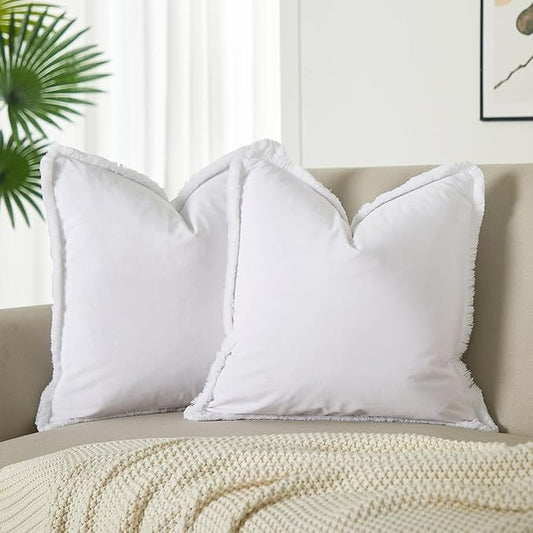 JUSPURBET White Decorative Velvet Fringe Throw Pillow Covers 16x16 Set of 2 Boho Soft Cushion Case for Home Decor Living Room Couch Sofa Bed