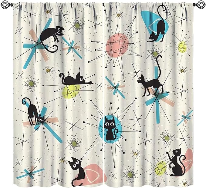 JESTRONRY Mid Century Curtains, Black Cat Atomic Stars Abstract Geometric Vintage Kitty Animal Room Darkening Door Window Rod Pocket Curtain for Living Room Bedroom 55x63in