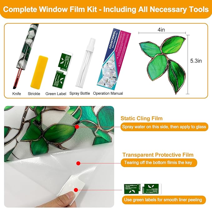 COUNTEWOL Window Privacy Film with Installation Tools Home Decorative Colored Glass Window Stickers Reusable electrostatic Rainbow Stickers (Frosted Greenery Leaf, 45.2 x 157.4 in)