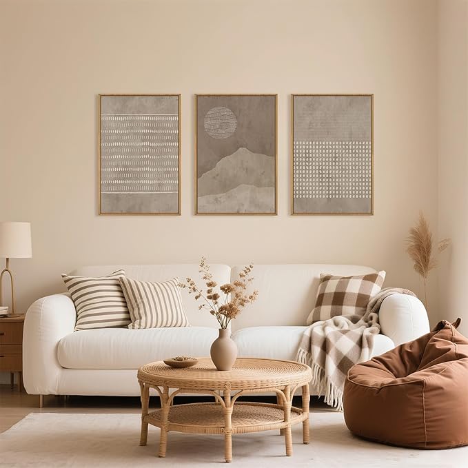 Large Mid Century Tan Beige Framed Canvas Wall Art,Neutral Geometric Lines Dots Shapes Wall Decor,Abstract Boho Sunset and Mountain Artwork for Living Room,Bedroom,Office-24 x36 x3