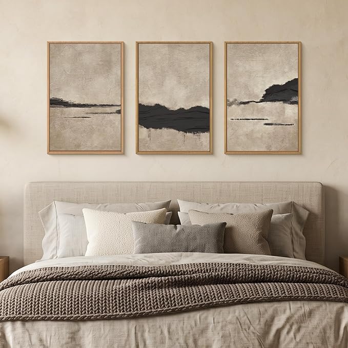 Aryroi Large Abstract Black and Tan Framed Canvas Wall Art,Vintage Minimalist Wall Decor,Neutral Brush Stroke Artwork,Modern Textured Art Print for Living Room,Bedroom,Office- 16"x24"x3