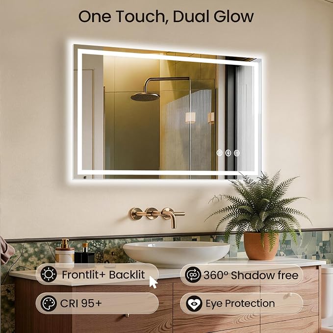 48X32 LED Bathroom Mirror with Lights, Anti-Fog, Backlit + Front Lit (CRI>90), Lighted Bathroom Vanity Mirror for Wall, Memory Function, Dimmable, Tempered Glass, Shatter-Proof