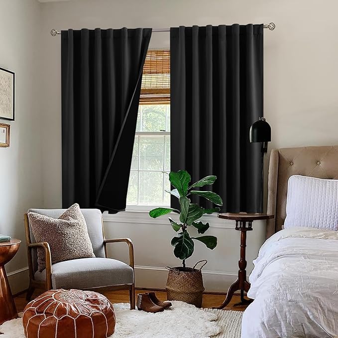 BGment Short Black Full Blackout Curtains with Liner Thermal Curtains 45 Inch Long, Rod Pocket and Back Tab Double Layer Black Out Privacy Curtains for Bedroom (52 x 45 Inch, 2 Panels)