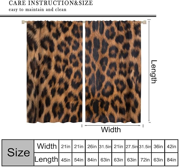 Leopard Print Blackout Curtain, Black Brown Fur Leopard Print Wild Animal Skin Drapes, Window Treatments Rod Pocket 2 Panels Curtains for Dining Room Office Kitchen Bedroom Decor 55"W X 63"L