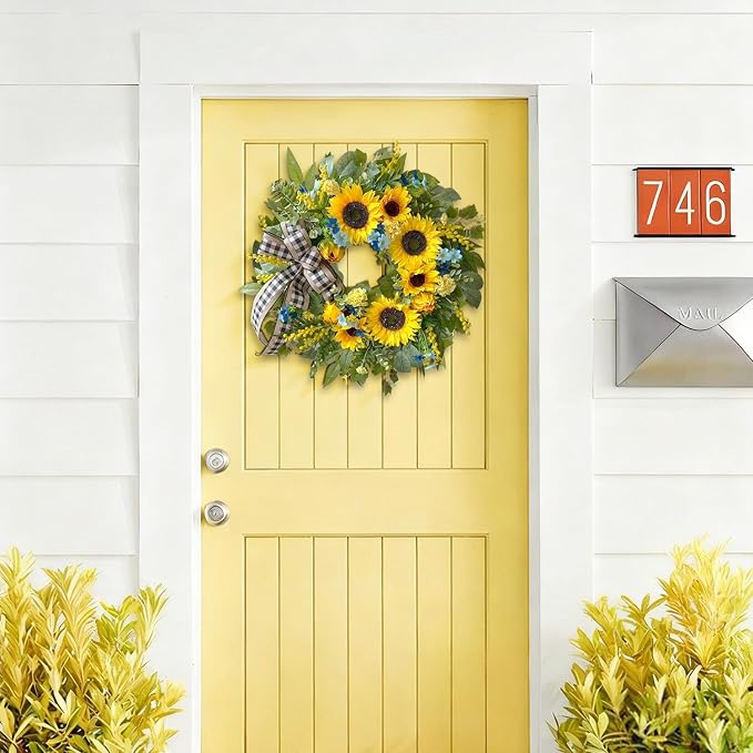 WANNA-CUL 24 Inch Summer Sunflower Wreath Linen Ribbon Front Door Wreath | Classic Farmhouse Door Wreath For Spring,Porch Indoor & Outdoor Mother's Day Decor With Daisies And Buffalo Check Ribbon.