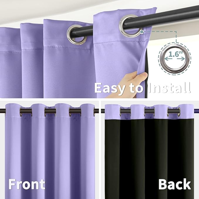 BGment Thermal Insulated 100% Blackout Curtains for Bedroom with Black Liner, Double Layer Full Room Darkening Noise Reducing Grommet Curtain (42 x 84 Inch, Lavender, 2 Panels)