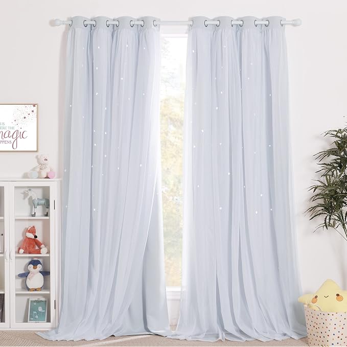 NICETOWN Thermal Insulted Bedroom Curtains, Star Cut Layered Blackout Window Treatment Curtains with Sheer for Thanksgiving (Greyish White, 52W by 95L, 1 Pair)