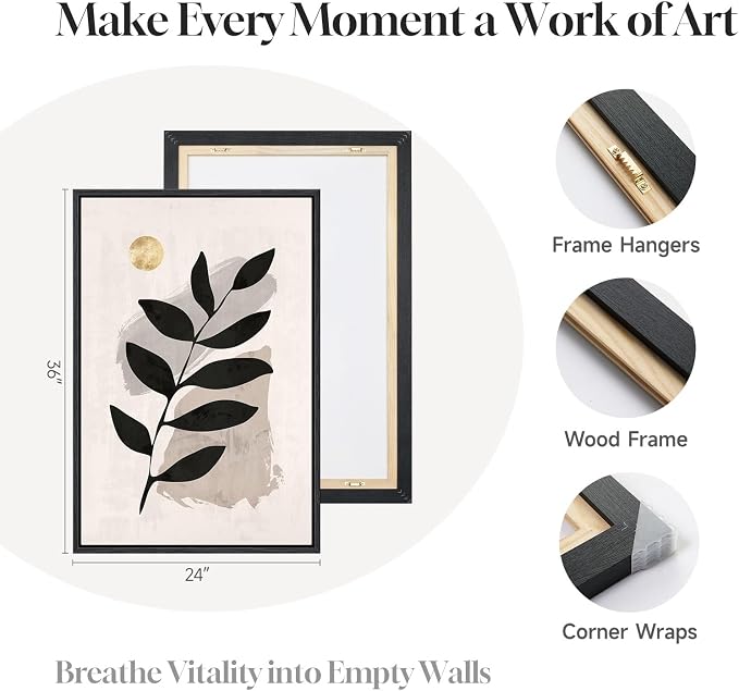 3 Piece Framed Black and White Boho Wall Art for Living Room, Large Abstract Botanical Plant Canvas Prints Paintings, Minimalist Leaf and Geometric Artwork for Dining Room Bedroom 24x36 Inch