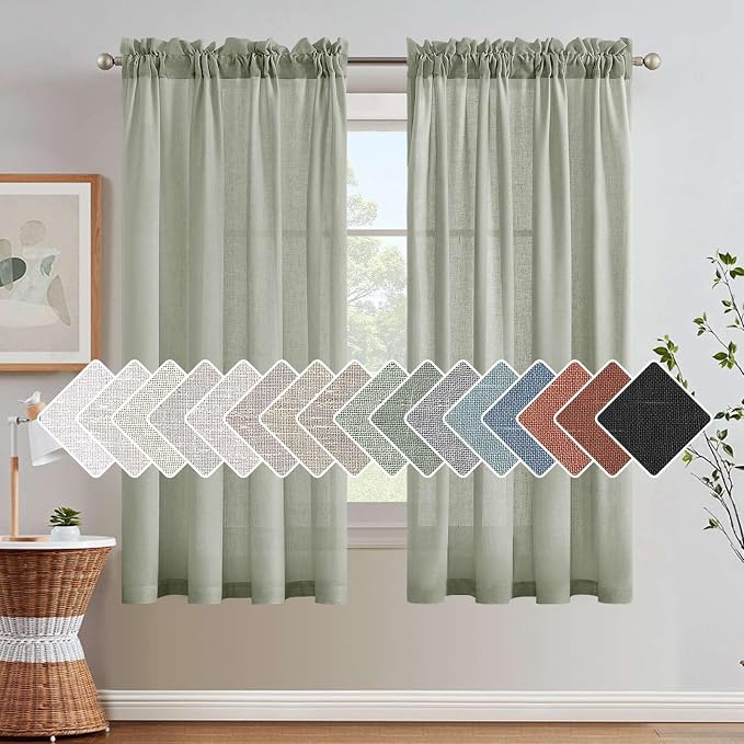 H.VERSAILTEX Linen Curtains Elegant Natural Linen Semi Sheer Curtains Energy Light Filtering Rod Pocket Window Treatments Panels for Living Room (Set of 2, Sea Grass, 52 inch W X 63 inch L)