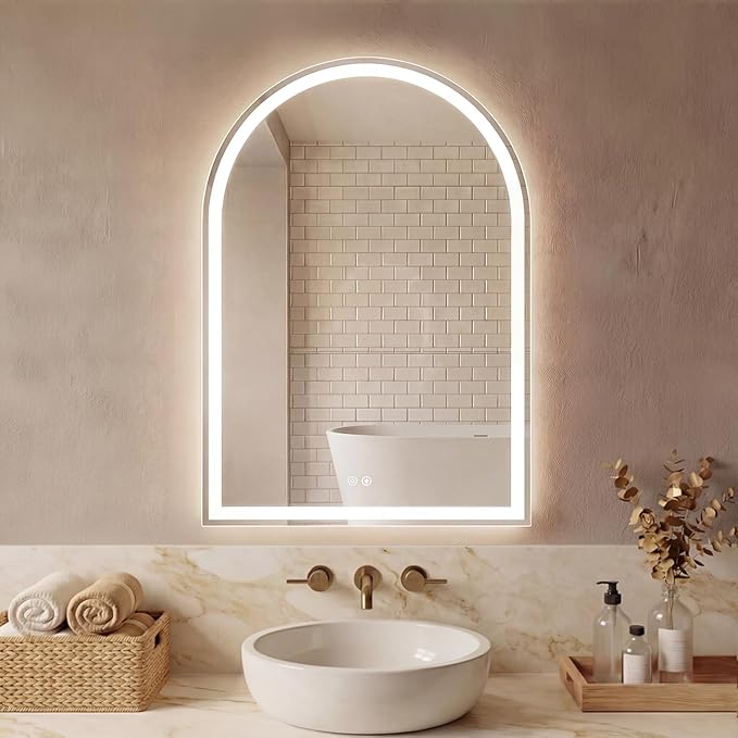 Sweetcrispy 24“×36” LED Bathroom Backlit Mirror with Lights, Arched Vanity Mirror with Anti-Fog, Dimmable, 3-Color Light, Memory Function, Tempered Glass