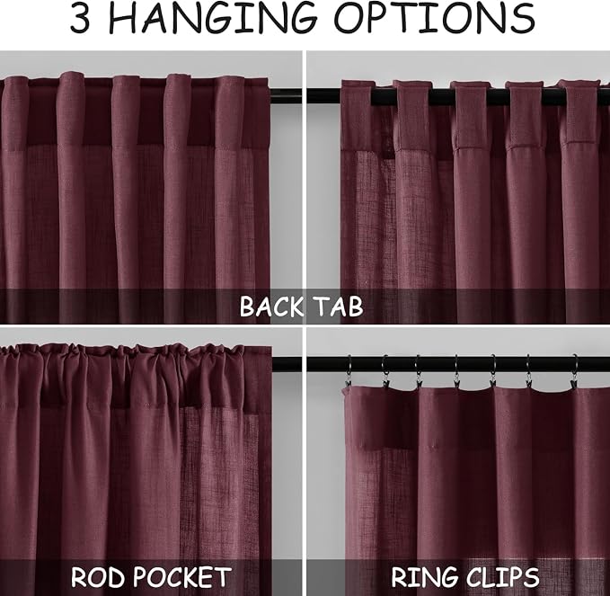 Nanspring Burgundy Linen Curtains for Living Room 126 Inches Long Light Filtering Semi Sheer Curtain Back Tab Vintage Boho Decor Drapes Floor to Ceiling High Window for Bedroom 52x126, 2 Panels