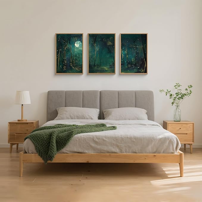 Large Vintage Moon and Star Forest Framed Canvas Wall Art,Mystical Night Sky Scenery Wall Decor,Moody Tree Landscape Artwork,Magical Midnight Art Print for Living Room,Bedroom,Office- 24"x36"x3