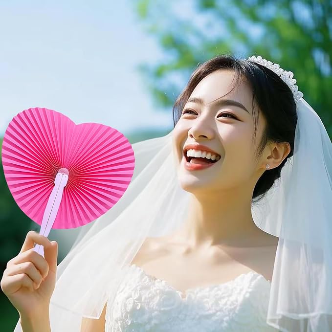 20 Pieces Pink Heart Paper Fans | Foldable Handheld Fans for Women,Folding Hand Fans for Wedding,Bridal Guest,Church,Party Favors,Dancing,Birthday,DIY