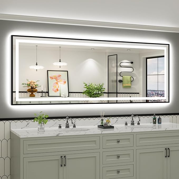 96x36 Inch LED Bathroom Mirror with Black Frame, Backlit & Front Lit, Anti-Fog Lighted Bathroom Vanity Mirror for Wall, Memory Function, Dimmable, HD Tempered Glass, Shatter-Proof