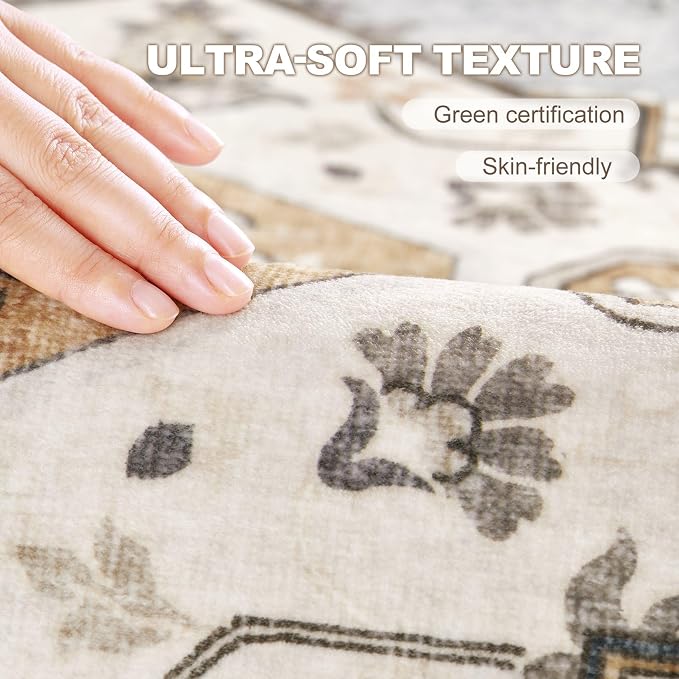 6x9 Washable Area Rug: Vintage Neutral Soft Non Slip Thin Large Floor Carpet for Living Room Bedroom Kitchen Dining Room Home Office Farmhouse Indoor - Green