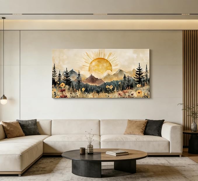 ZAWUDVC Large Boho Mountain Sun Wall Art, Vintage Nature Landscape Canvas Print Poster, Wildflower Forest Sunrise and Sunset Wall Decor for Living Room Bedroom, Rustic Home Decoration,