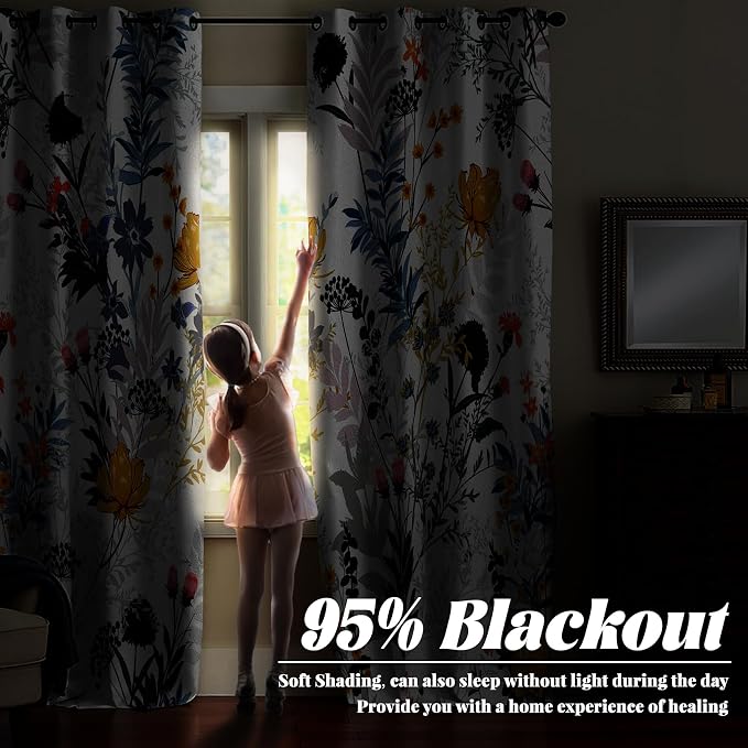 Renaiss Botanical Plants Blackout Curtains, Wild Flowers Plants Print Thermal Insulated Bedroom Window Curtains, Boho Floral Window Drapes for Living Room, 96" L x 53" W 2 Panel Set