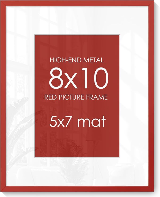FLYJOE 8x10 Picture Frame for 5x7 Photo, Minimalist Aluminum Frame, Red | Sleek Metal Wall Frame for Gallery, Desk, or Gift Giving | Shatterproof Glass & Wall Kit