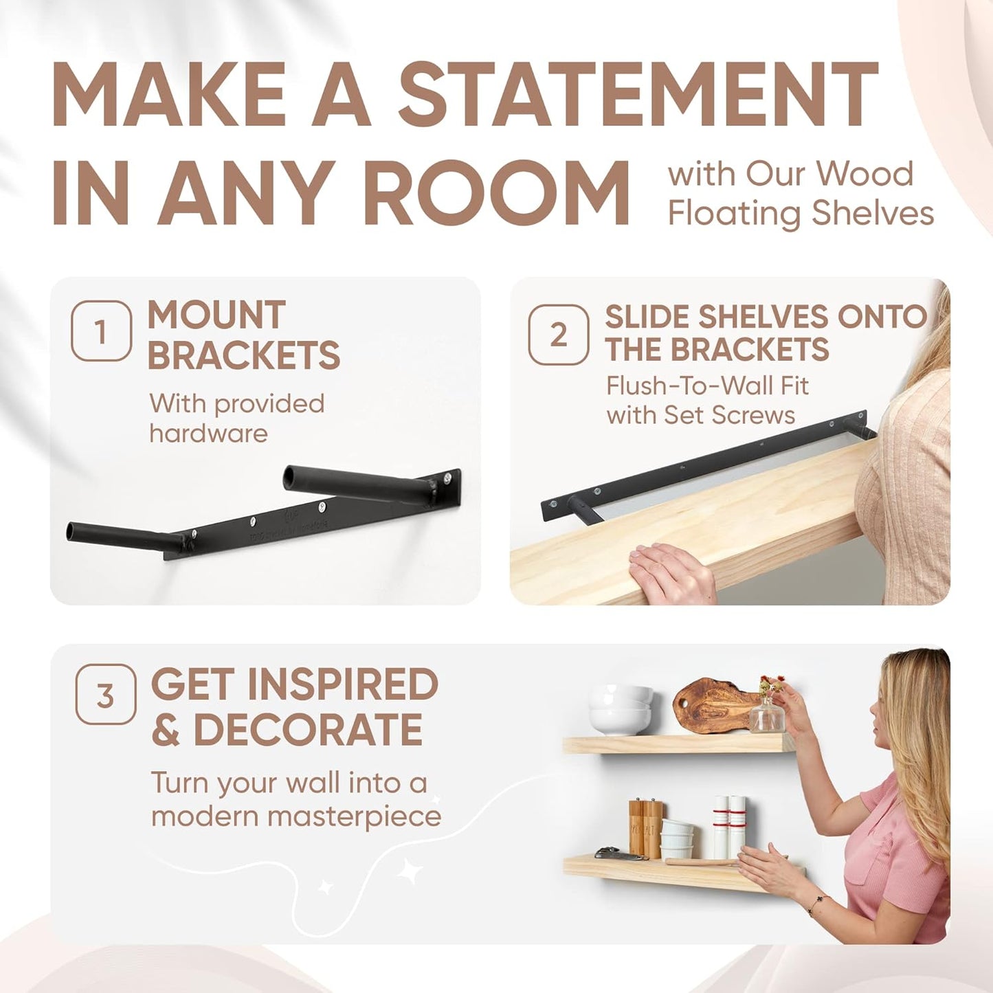 Homeforia 24 inch Natural Floating Shelf, High End Solid Real Wood 24inch Small Floating Shelves for Wall Mounted, Natural Wooden Floating Shelves, Heavy Duty Bracket, 24 X 6.5 X 1.75 in, Set of 3