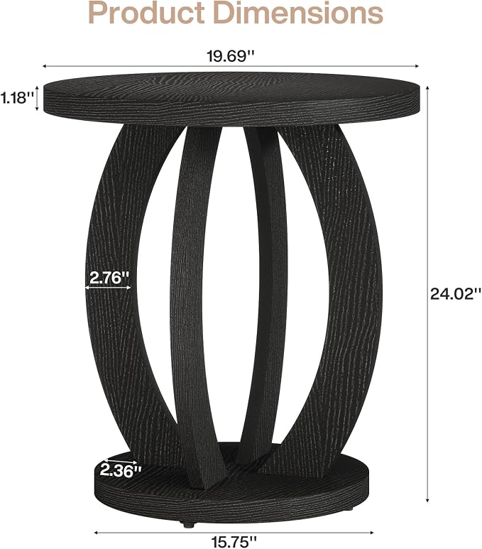 Tribesigns Round End Table, Rustic Side Table with Storage | Nightstand Bedside with Round Tabletop; Accent End Table for Living Room, Bedroom, Small Space