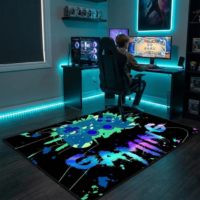 Gamer Rugs for Bedroom Boys, Colorful Video Gaming Gamepad Carpet Decor Boys Room, Blue Gaming Rugs for Bedroom Living Room Playroom Decor 2'5"x4'