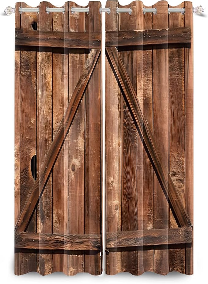 Old Tan Wooden Window Curtains American Rustic Garage Door Curtains Vintage Barn Door Drapes Wood Planks Rural Style Native Country Farmhouse Bedroom Window Treatment, 26x84 inch, 2 Panels