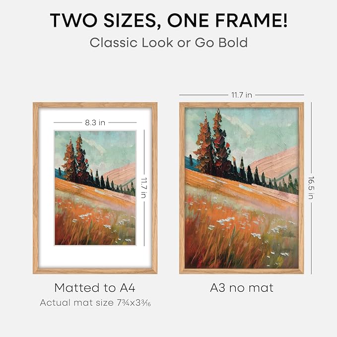 Homeforia A3 Picture Frame Wood, High-End Natural Oak 11.7 x 16.5 Wooden Poster Frames Matted to 8.3 by 11.7 Photo, A3 Size Light Wooden Frame with Mat A4 for Print, Tempered Glass, Wall Kit, Set of 4