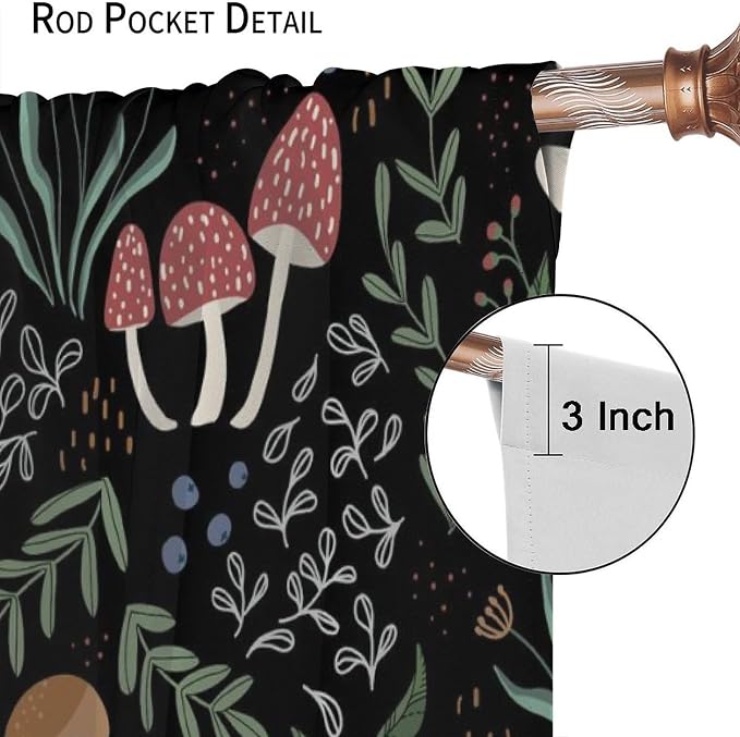 Mushroom Curtains, Cartoon Green Leaves Mushroom Wildflower Plant Botanical Boho Herb Nature Garden Print Blackout Window Drapes for Living Room Kids Bedroom 52x84in