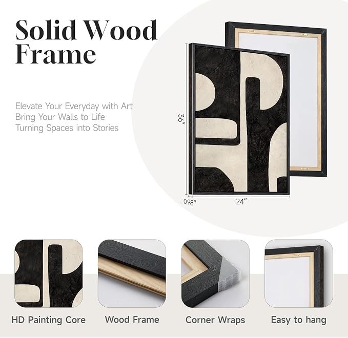 Large Framed Abstract Set of 2 Wall Art for Living Room, Neutral Black Beige Geometric Modern Canvas Artwork for Walls, Minimalist Painting Print Wall Decor Bedroom Hallway Home Office, 24x36 Inch