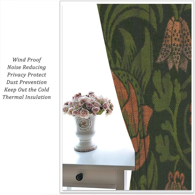 Vintage Bohemia William Morri Plant Flowers Blackout Window Curtains, Abstract Art Retro Plants Pattern Print Window Drapes, for Bedroom Living Room 26(W)*84(L) 2 Panels