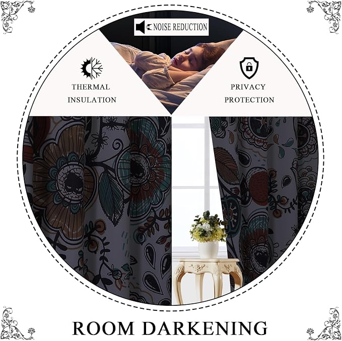 Estelar Textiler Vintage Garden Plants Herbs Print Blackout Curtains Pack of 2,Bohemian Classic Flowers Design for Bedroom Living Room,Grommet Energy Efficient Window Drapes,52x90 Inch