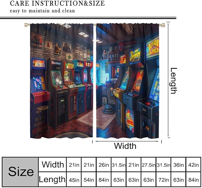 90s Arcade Blackout Curtains Glow in The Dark Cartoon Game Room Illustration Retro Pixel Design Window Treatments for Gaming Room Retro Game Cave Themed Cafe Kids Room 63" W X 72" L