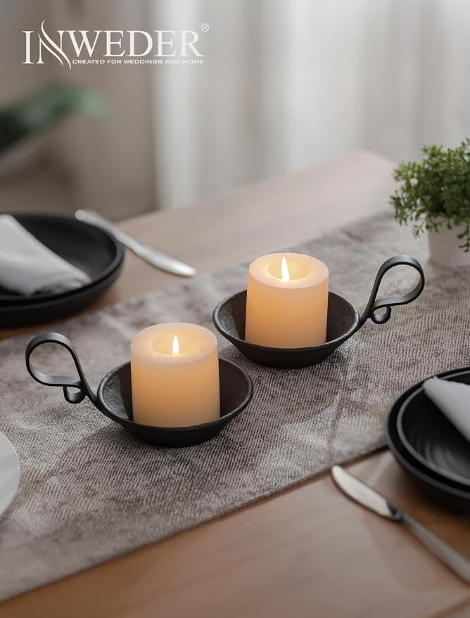 Iron Pillar Candle Holder: Vintage Black Candle Plate with Handle | Heavy Cast Iron, With Safety Spike for 3.3" Pillar, Gothic Decorative Stand for Halloween, Dining Table, Christmas, Set of 1
