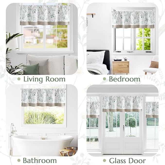 JINCHAN Linen Double Layer Valance Curtain for Windows Farmhouse Floral Light-reducing Kitchen Living Room Bedroom Bathroom 18 Inch Rod Pocket 1 Panel Green on White