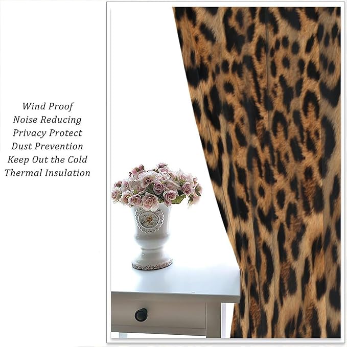 Leopard Print Blackout Curtains, Wild Animal Skin Black Brown Fur Leopard Print Rod Pocket Curtain Window Treatments 2 Panels Drapes for Nursery Living Room Bedroom Kitchen Decor 63"W X 63"L