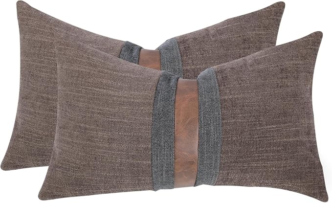 Set of 2 Leather Throw Pillow Covers Lumbar Cotton Linen Decor Patchwork Pillow Cover Faux Leather Pillows Cover for Couch Sofa Living Room Bedroom,Dark Coffee 12"x20"