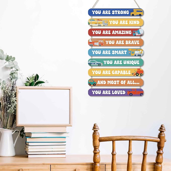 MONALET Inspirational Construction Cars Wall Art Decor for Boys Room Nursery Baby Kids Playroom Bedroom Door, Motivational Hanging Wood Signs Decorations, Positive Affirmations Wooden Plaque, 12x19