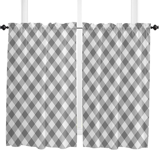 54 Inch Long Tier Curtains for Kitchen, Pastoral Style Grey Lattice Bathroom Window Curtains Rod Pocket Short Curtains Window Treatment Tiers for Living Room Farmhouse 2 Panels