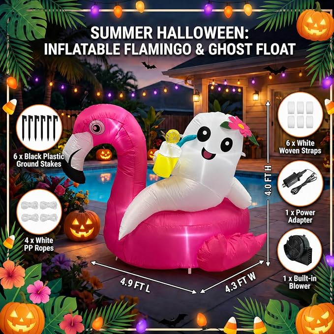 4.9FT Summerween Decorations Inflatable Ghost on Flamingo Float, Halloween Outdoor Inflatable Decor with Tropical Drink and LED Lights for Yard Lawn Garden Home, Summerween Party Decorations