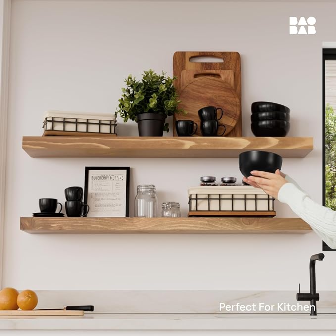 Natural Wood Floating Shelves for Wall 36 Inches Long, Oak Wooden Shelf | Solid Wood, Heavy Duty 36 Inch, Large Wall Shelf for Bathroom Bedroom Kitchen, Farmhouse, Oak Finish, 36W × 6.7D, Set of 2