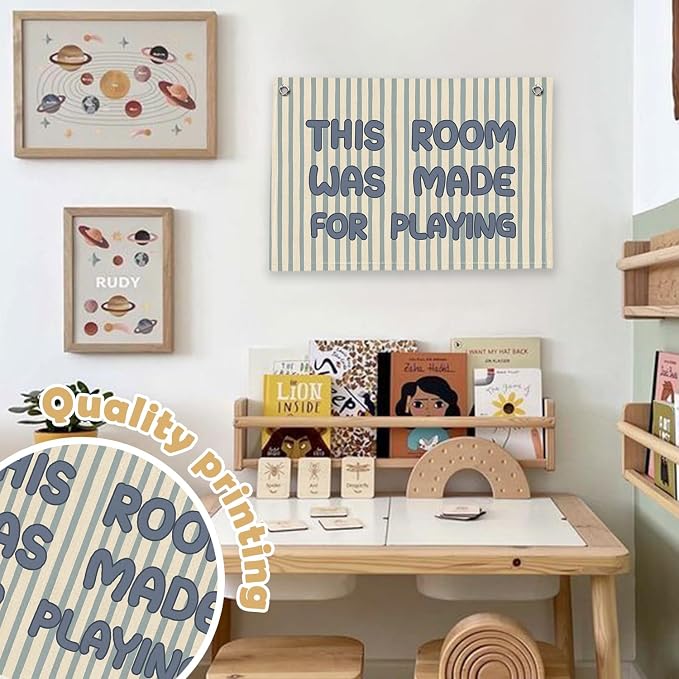 RTXLEZM Kids Playroom Decor, This Room Was Made for Playing Canvas Banner Wall Hanging, Retro Boho Blue and Cream Striped Wall Art Prints for Toddler Boys Room Bedroom Playroom Decor, 20x30 Inch