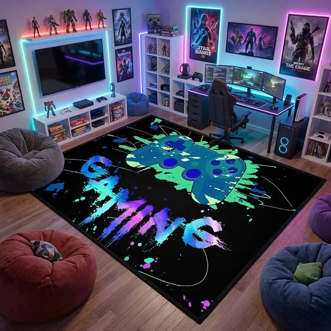 Game Controller Area Rug for Boys Large Video Gaming Carpet Children Gamer Rugs for Bedroom Boys Teen Printed Gamepad Play Carpet Decor Throw Decorate Doormats 4'x5'