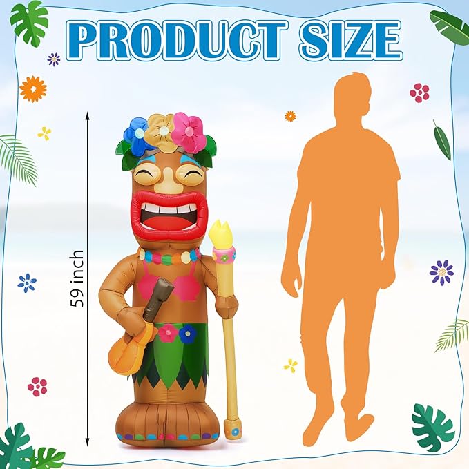 Shappy 5 ft Tiki Inflatable Surfboard for Luau Hawaiian Party Decorations Summer Inflatables Outdoor Built-in LED Blow up Tiki Beach Tropical Aloha Bar Beach Pool Surfing Yard Party Decorations