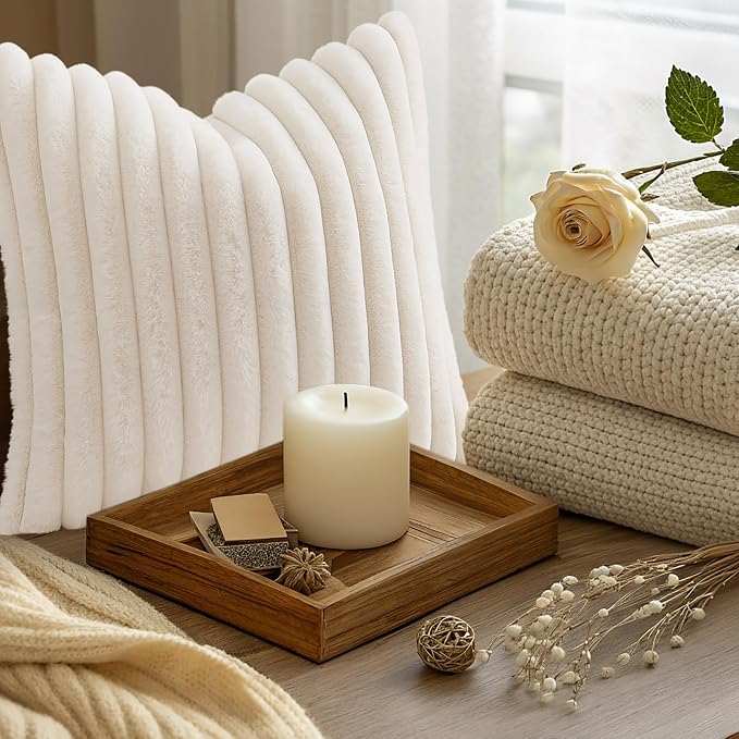decorUhome Fall Cozy Faux Fur Throw Pillow Covers 12x12 Set of 2 Decorative Soft Plush Striped Modern Farmhouse Boho Couch Pillow Cases with Velvet Back for Sofa Bed Living Room, Cream White